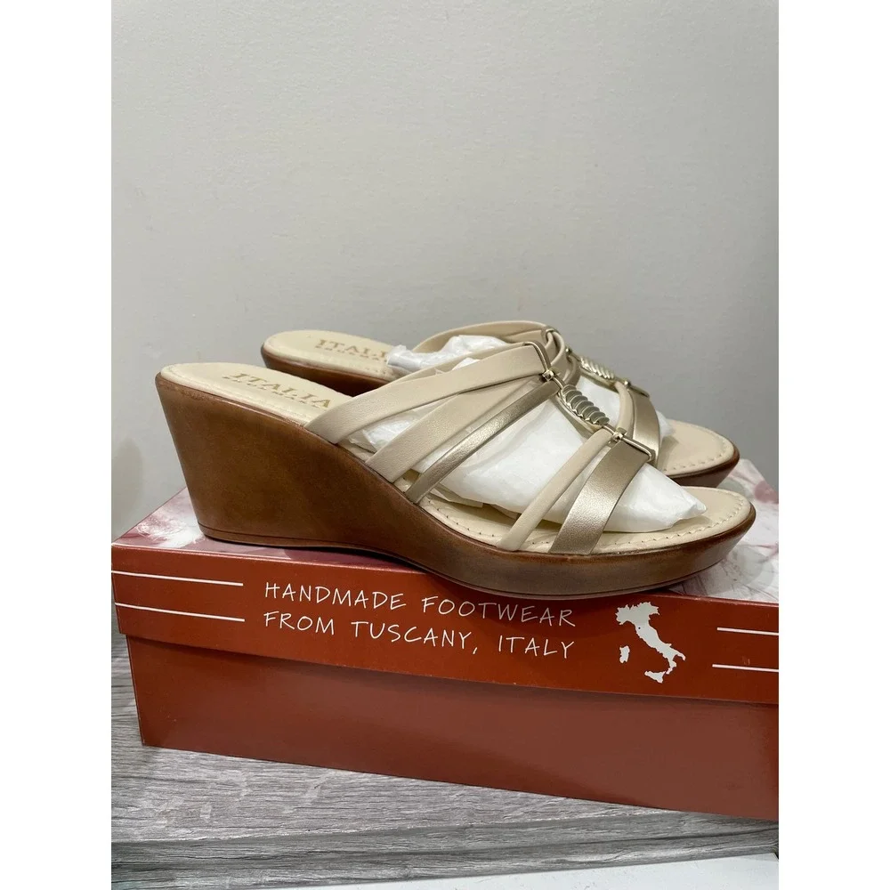 Italian Shoemakers Joann Beige Gold Multi-Strap Wedge Sandals Made in Italy 8.5M